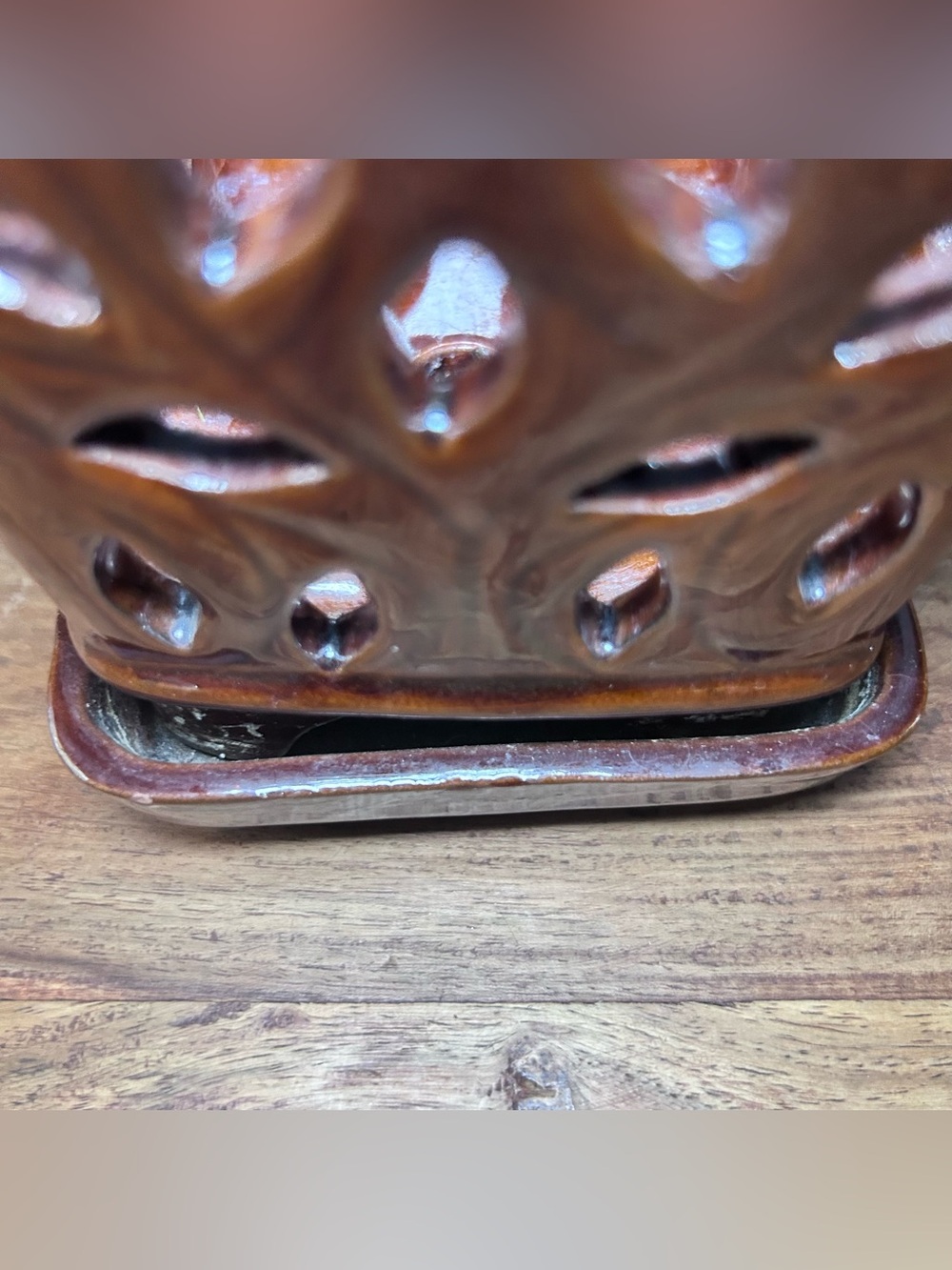 Ceramic Orchid Pot with Attach Tray and Cut Out Sides Glossy Brown - Picture 5 of 7